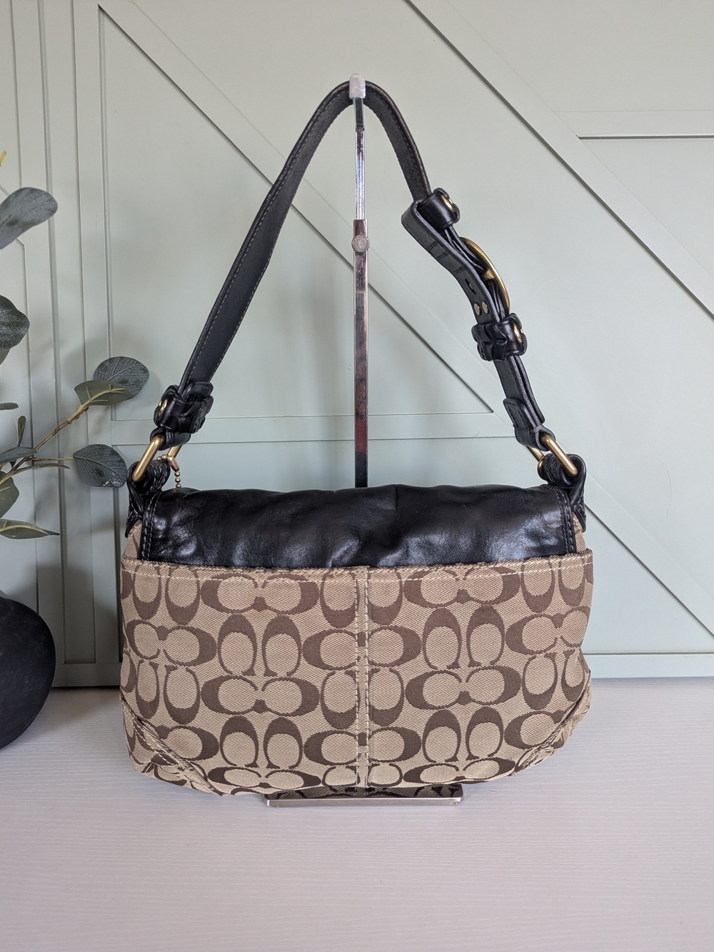 Coach Brown Signature Canvas and Black Leather Shoulder Bag - Picture 5 of 14